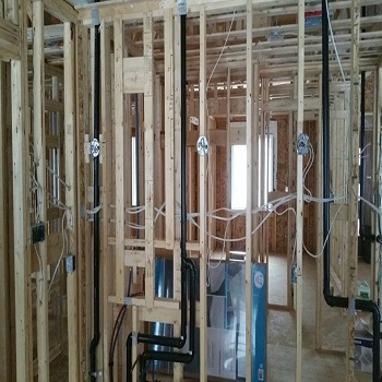 Residential electrical rough-in with wiring and framing.
