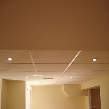 Basement drop ceiling with recessed lighting.